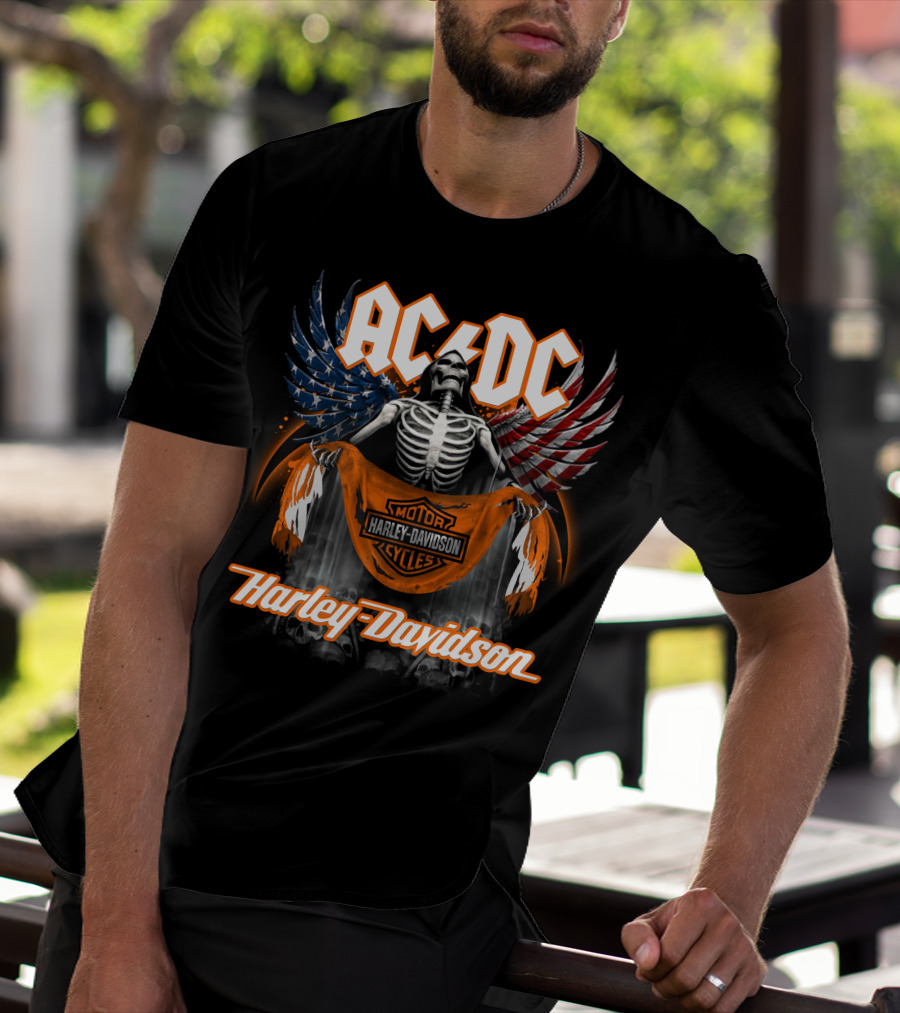 Acdc Harley Davidson Skeleton With American Flag Wings T-Shirt