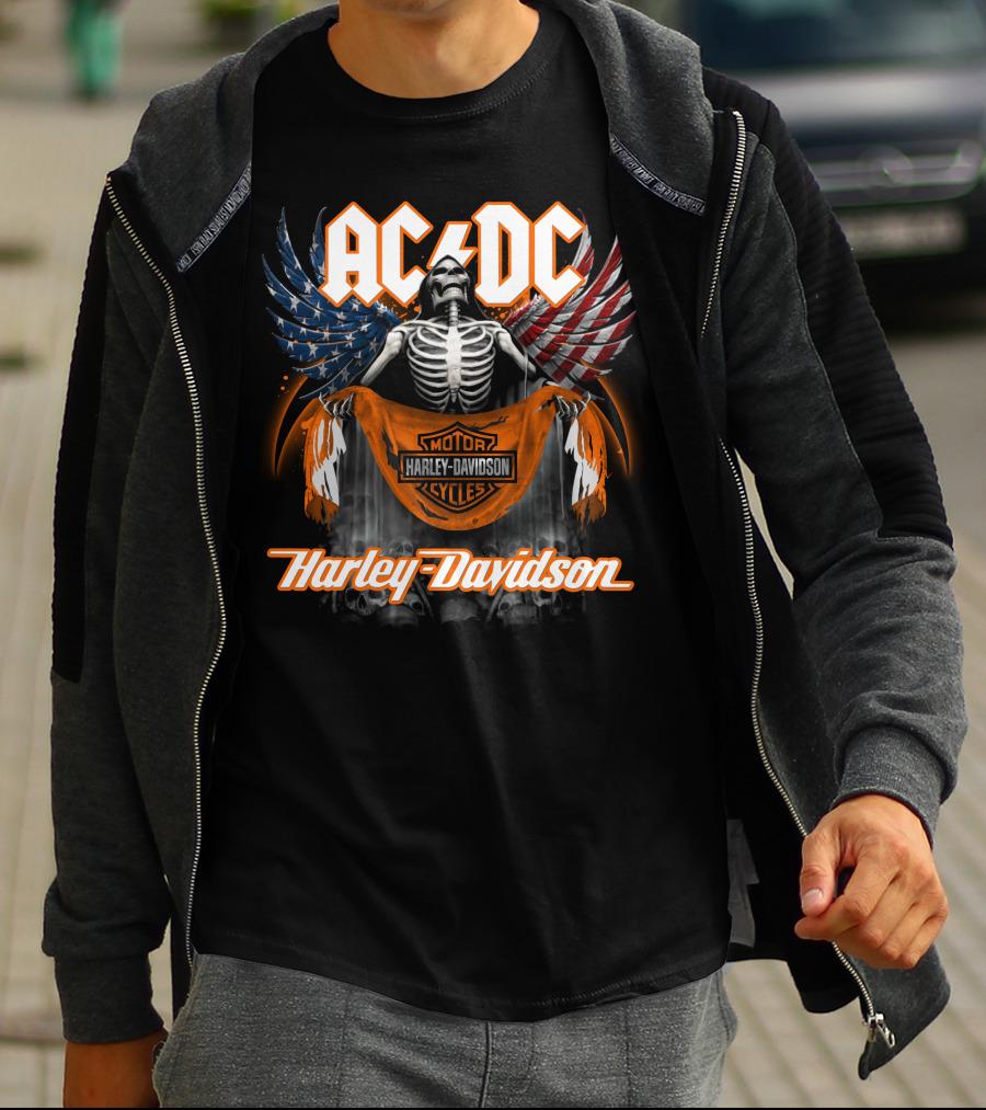 Acdc Harley Davidson Skeleton With American Flag Wings T-Shirt