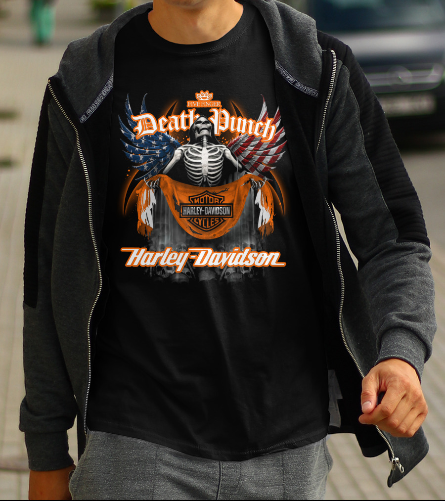 Five Finger Death Punch Harley Davidson American Wings Skeleton T-Shirt