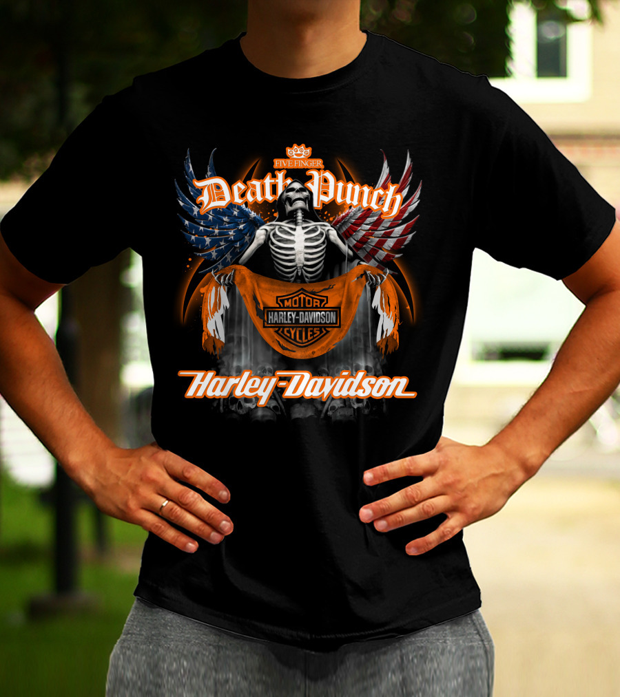 Five Finger Death Punch Harley Davidson American Wings Skeleton T-Shirt