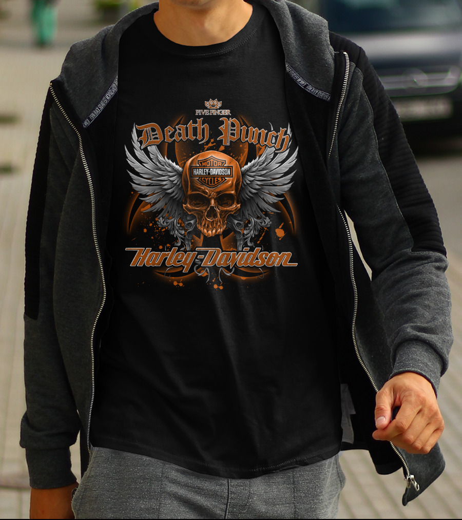 Five Finger Death Punch Harley Davidson Skull Wings Motorcycles T-Shirt