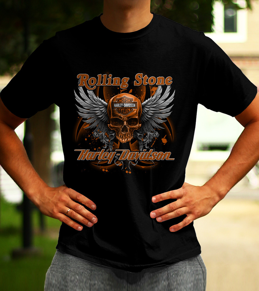 Rolling Stone Motor Harley Davidson Cycles Skull Wings T-Shirt