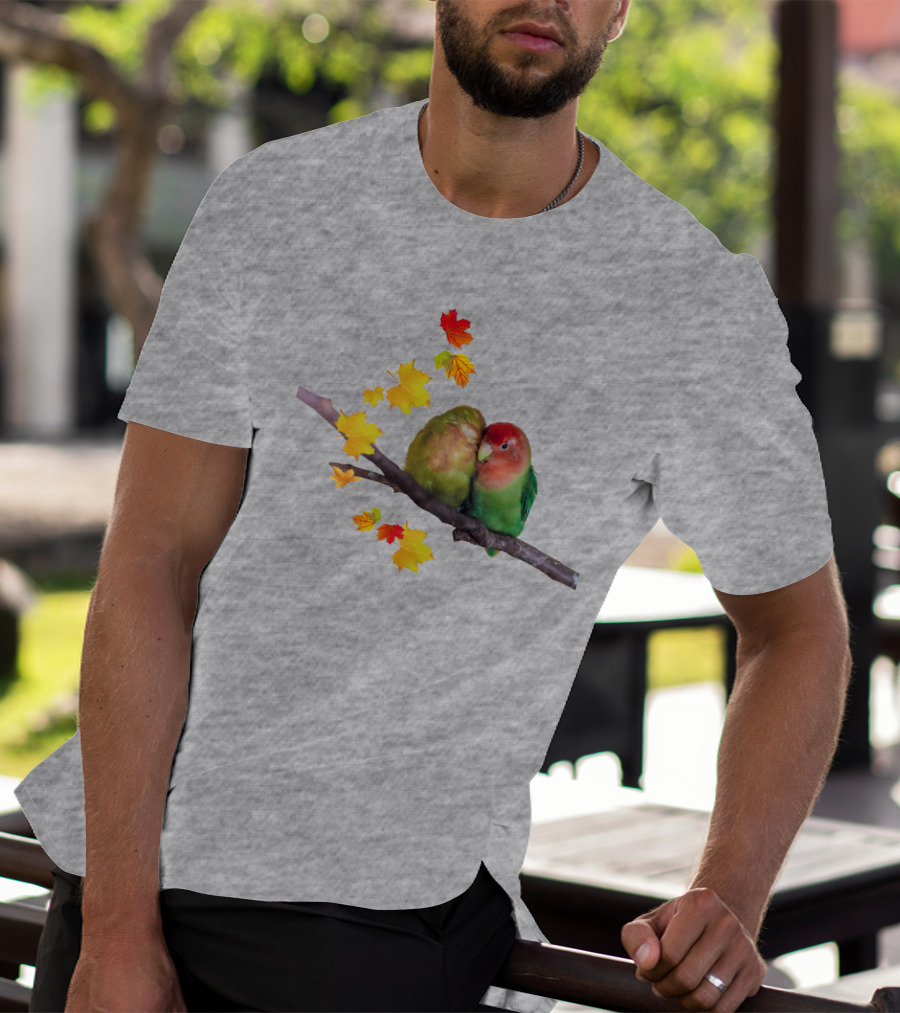 Lovebirds With Autumn Leaves On Branch T-Shirt