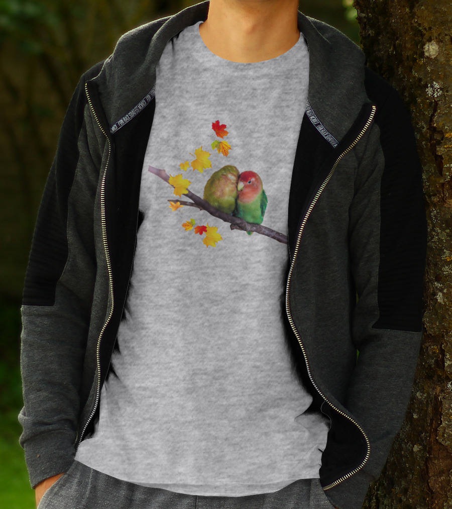 Lovebirds With Autumn Leaves On Branch T-Shirt