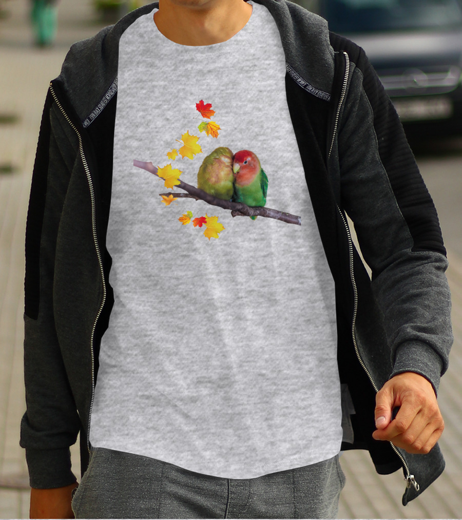 Lovebirds With Autumn Leaves On Branch T-Shirt