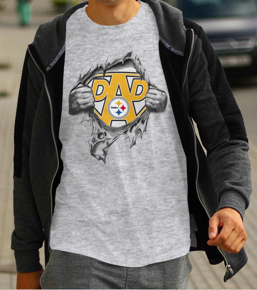 Pittsburgh Steelers Super Dad Shield With Logo Rip Reveal T-Shirt