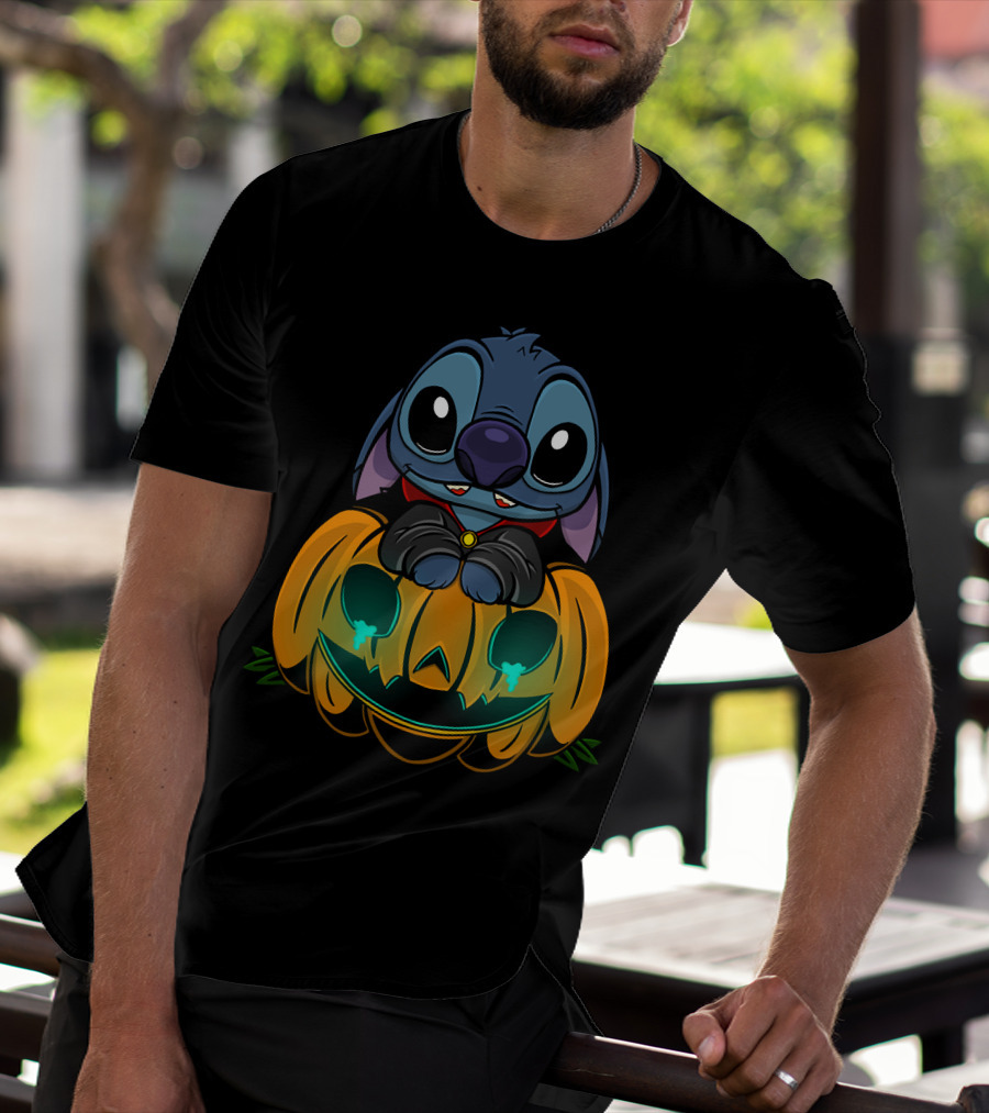 Cute Halloween Stitch With Glowing Pumpkin T-Shirt