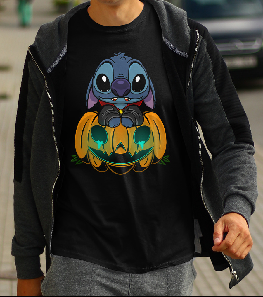 Cute Halloween Stitch With Glowing Pumpkin T-Shirt