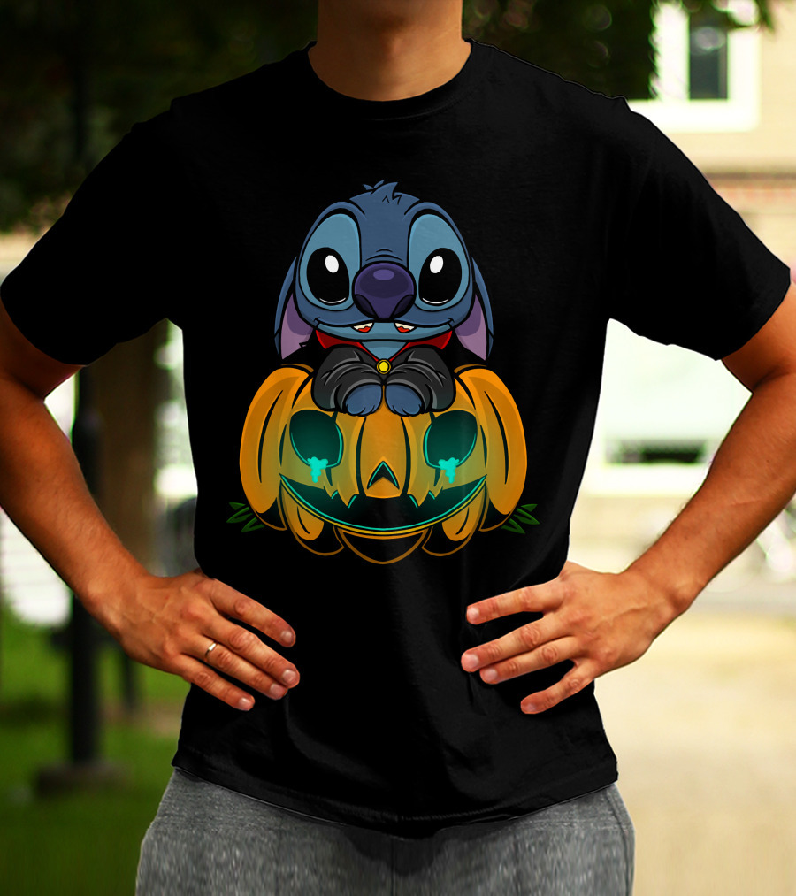 Cute Halloween Stitch With Glowing Pumpkin T-Shirt
