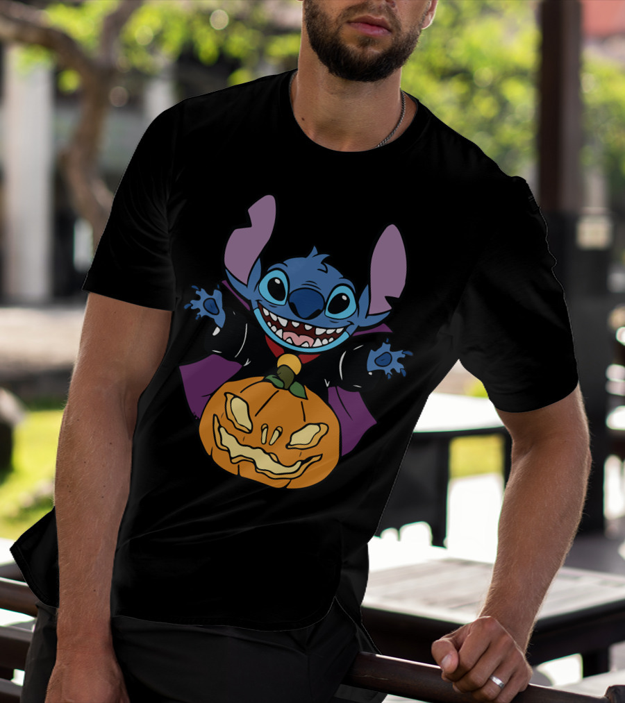 Cute Halloween Vampire Stitch Hugging Pumpkin T-Shirt