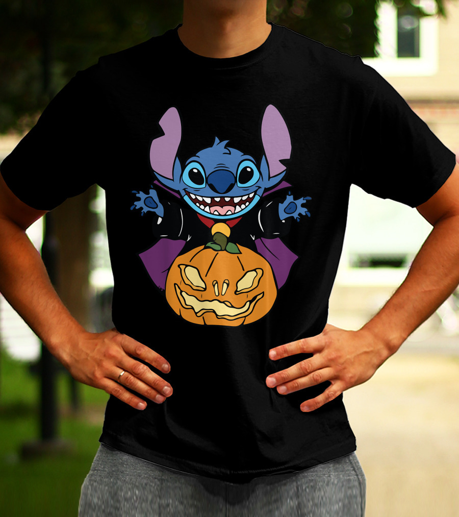 Cute Halloween Vampire Stitch Hugging Pumpkin T-Shirt