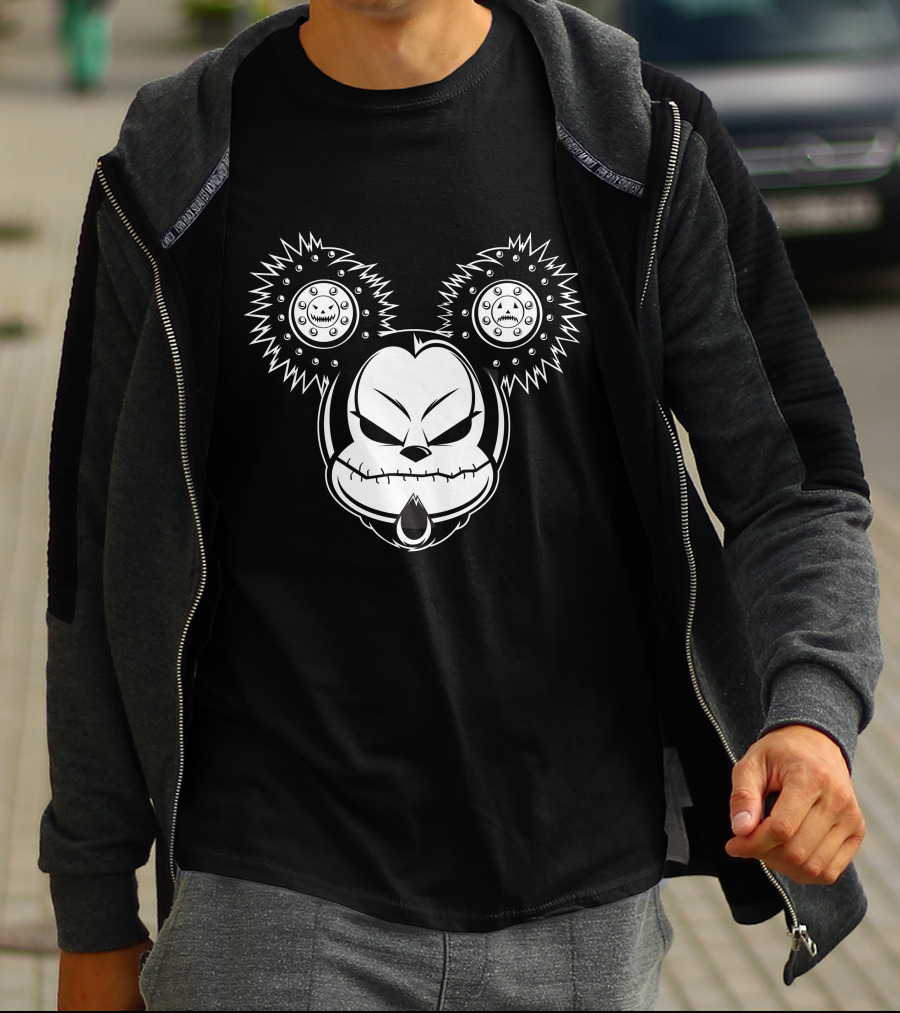 Cool Evil Mickey Gothic Cartoon Style Horror Face T-Shirt
