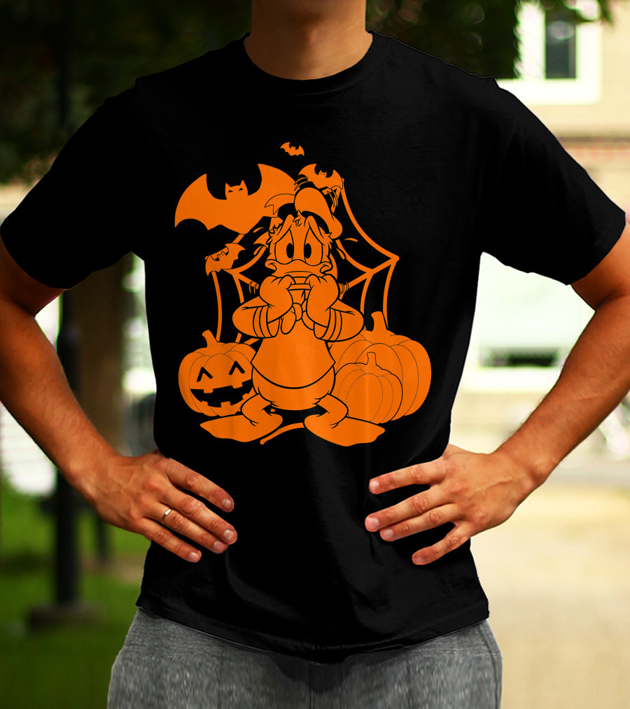 Donald Duck Halloween Pumpkins With Bat And Spider Webs T-Shirt