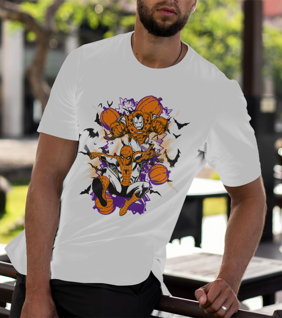 Marvel Spider Man And Iron Man Halloween Pumpkins And Bats T-Shirt