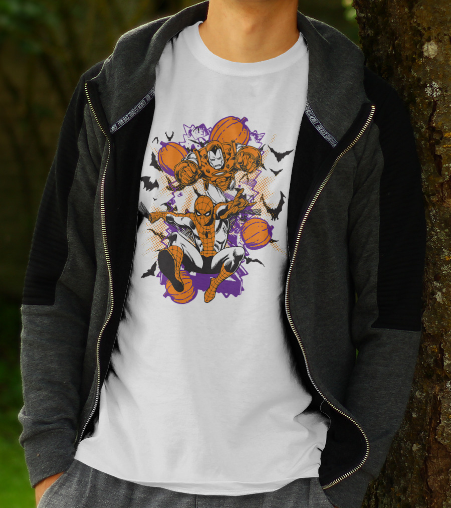 Marvel Spider Man And Iron Man Halloween Pumpkins And Bats T-Shirt