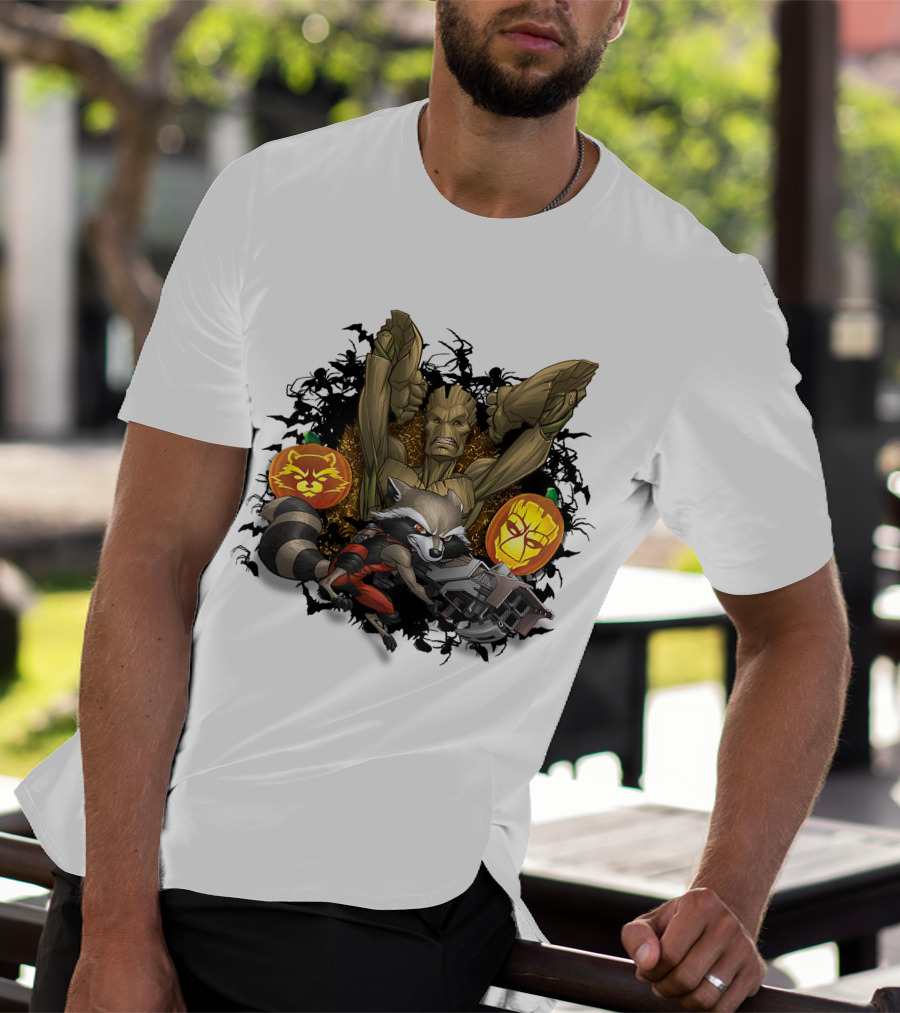 Groot And Rocket Raccoon Halloween Jack O' Lantern Duo T-Shirt