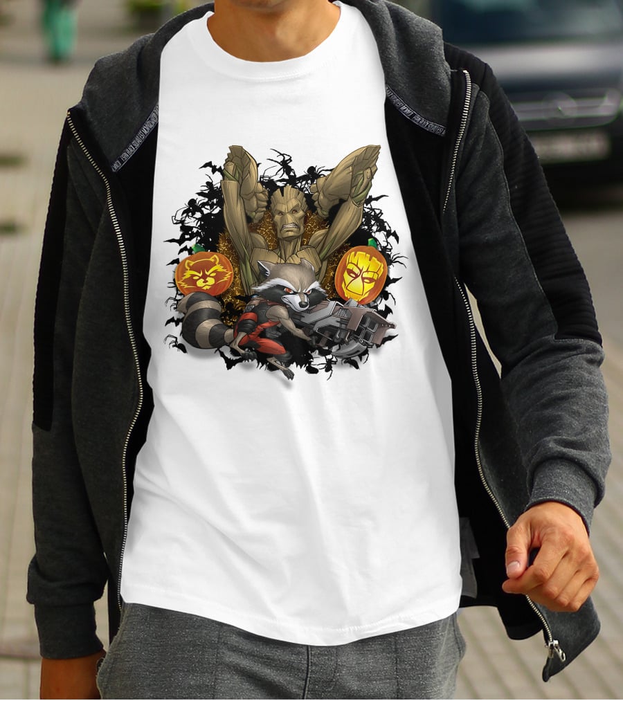 Groot And Rocket Raccoon Halloween Jack O' Lantern Duo T-Shirt