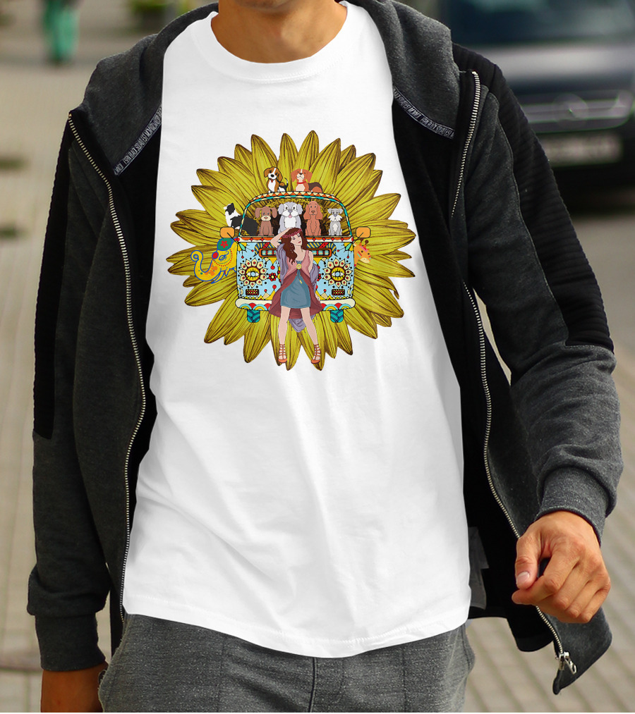 I'm Mostly Peace Love Animals Hippie Van Sunflower Dogs T-Shirt