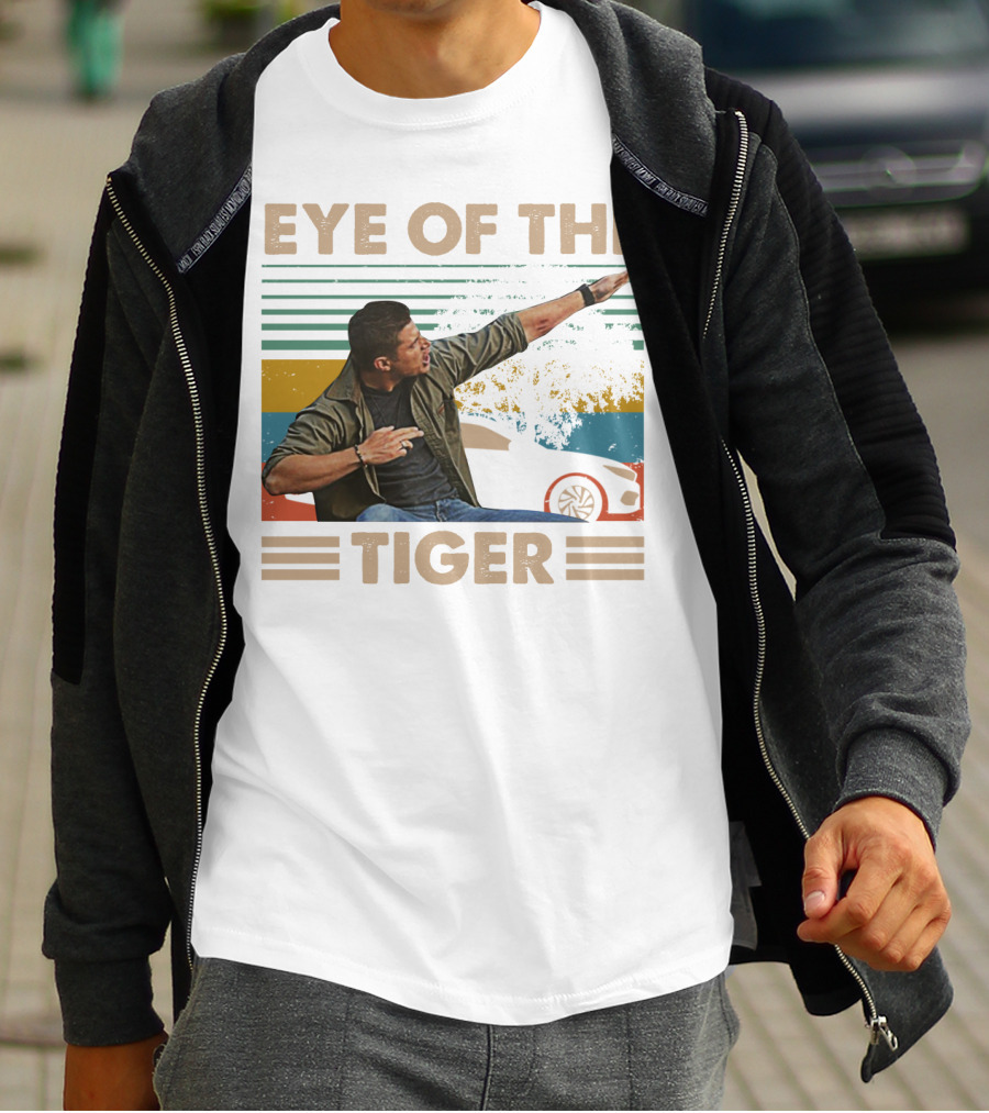 EYE OF THE TIGER Retro Action Pose With Car And Stripes T-Shirt