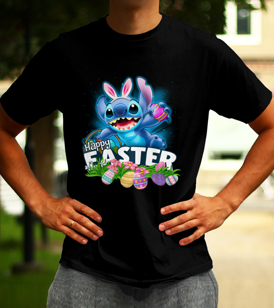 Happy Easter Stitch With Colorful Eggs And Flowers T-Shirt
