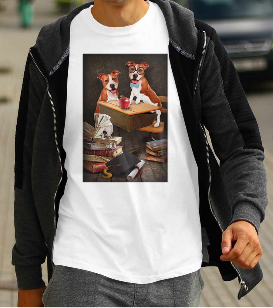 Pitbull Teacher Dogs With Books And Graduation Cap T-Shirt