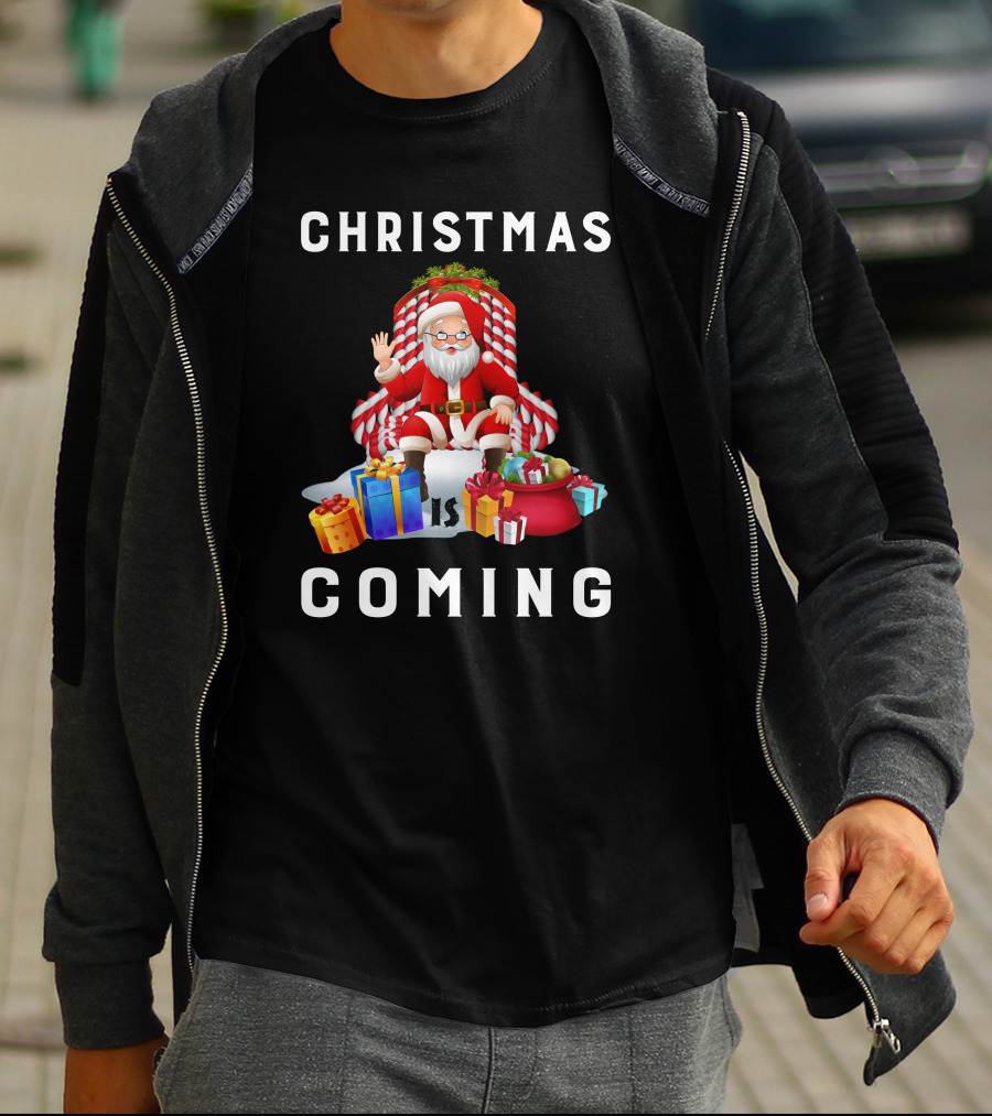 Christmas Is Coming Santa Claus With Candy Cane And Gifts T-Shirt