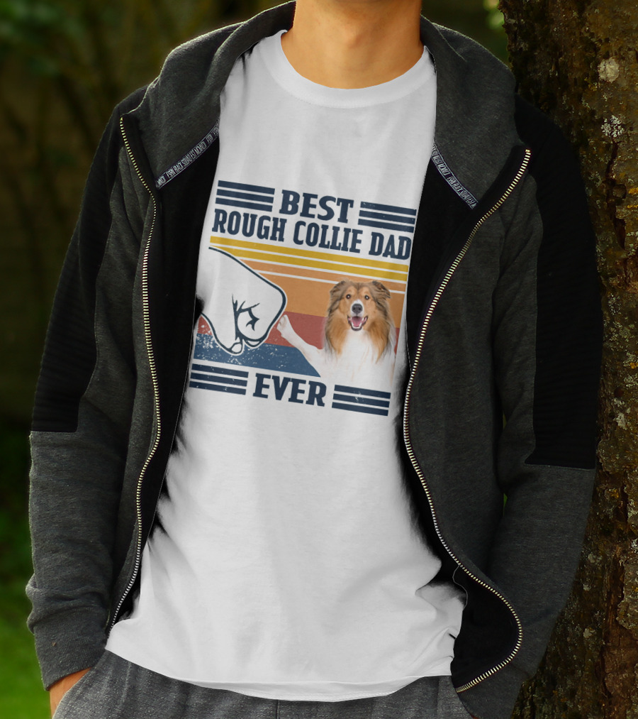 Best Rough Collie Dad Ever Fist Bump Retro Stripes T-Shirt