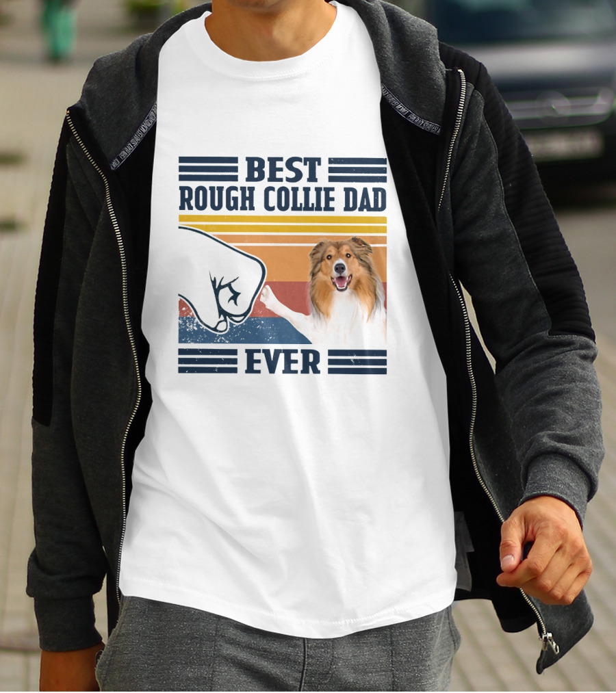 Best Rough Collie Dad Ever Fist Bump Retro Stripes T-Shirt