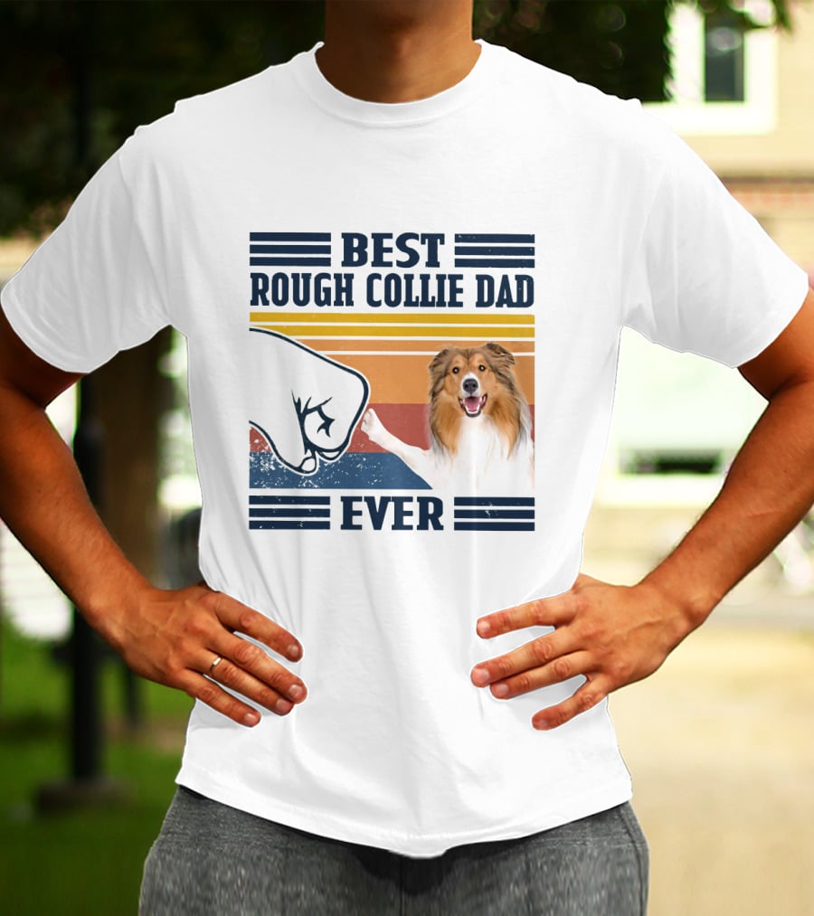 Best Rough Collie Dad Ever Fist Bump Retro Stripes T-Shirt
