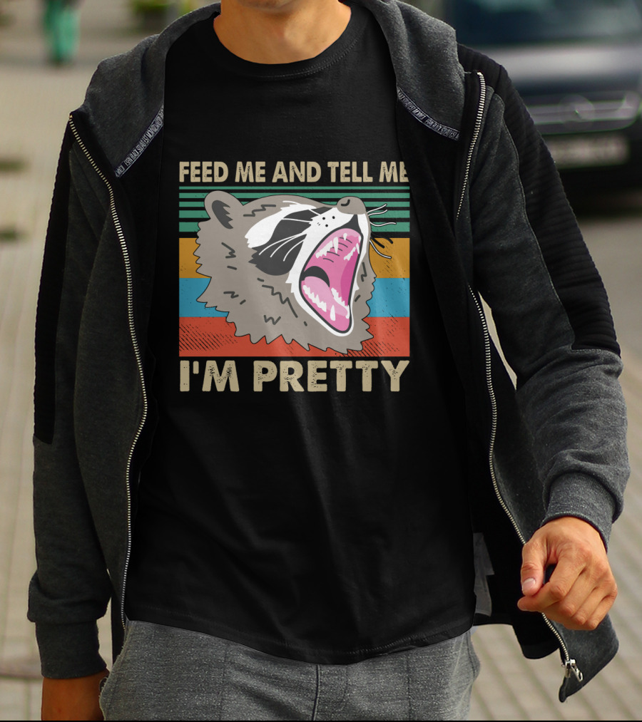 Feed Me And Tell Me I'm Pretty Raccoon Retro Stripes T-Shirt