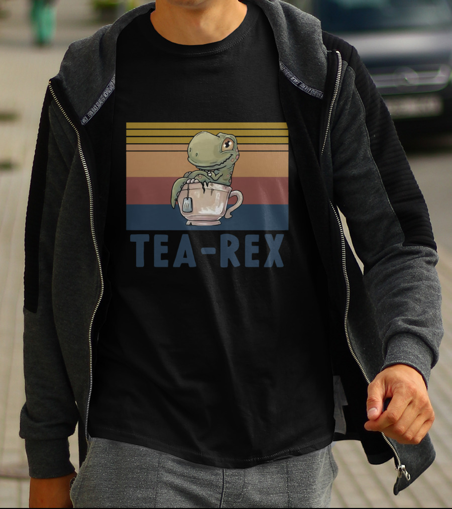 Tea Rex Dinosaur With Retro Sunset Cup T-Shirt