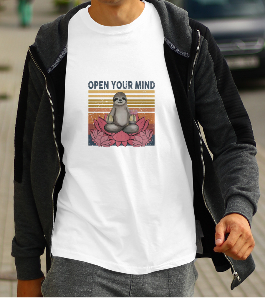 Open Your Mind Yoga Sloth On Lotus With Retro Stripes T-Shirt