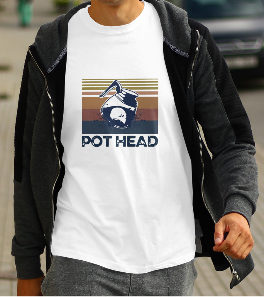 Pot Head Skull Coffee Pot Vintage Stripes T-Shirt
