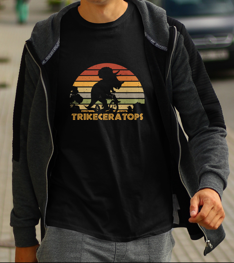 Trikeceratops Dinosaur Cycling Sunset T-Shirt