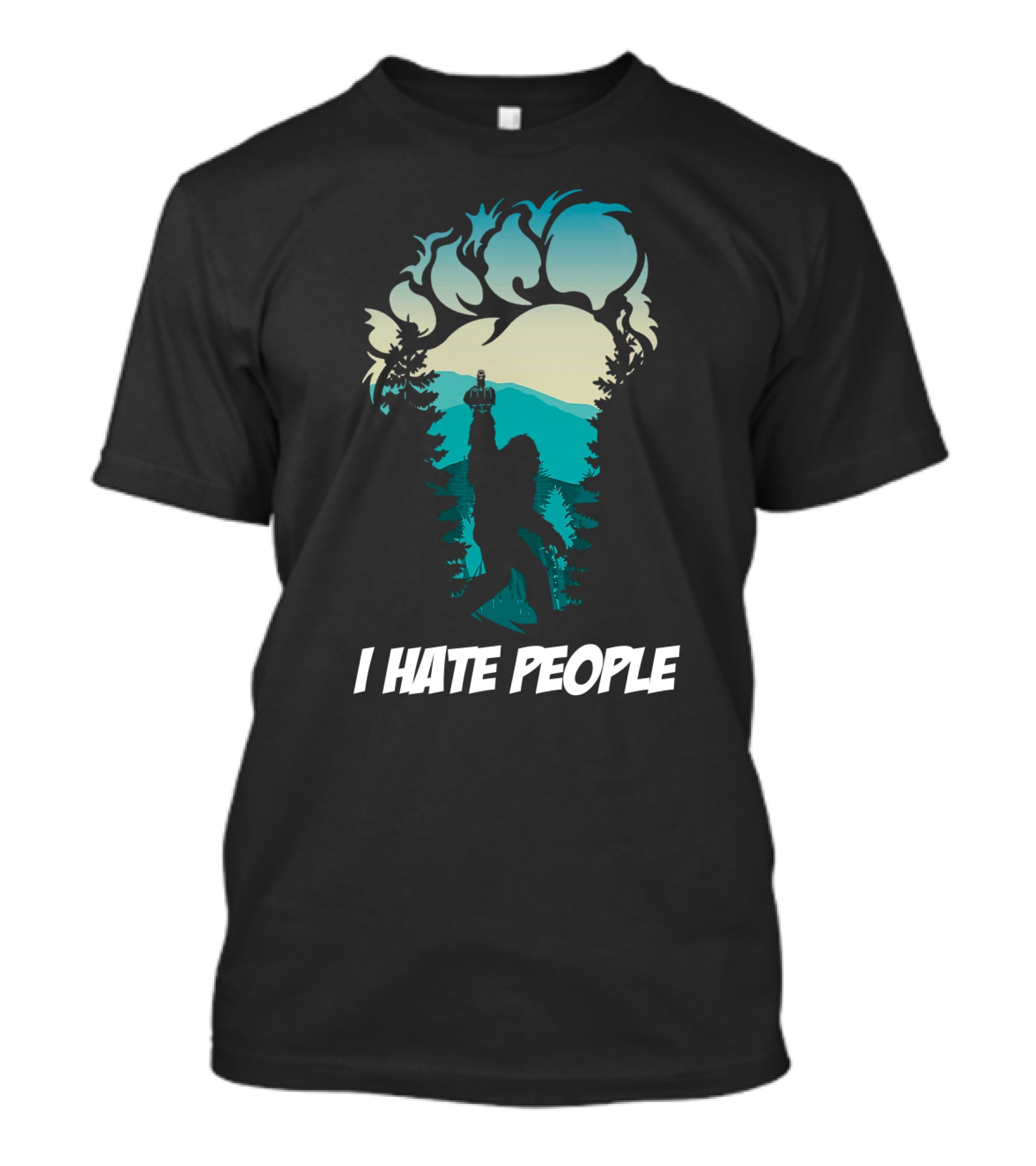 I Hate People Bigfoot Silhouette Footprint Forest Scene T-Shirt