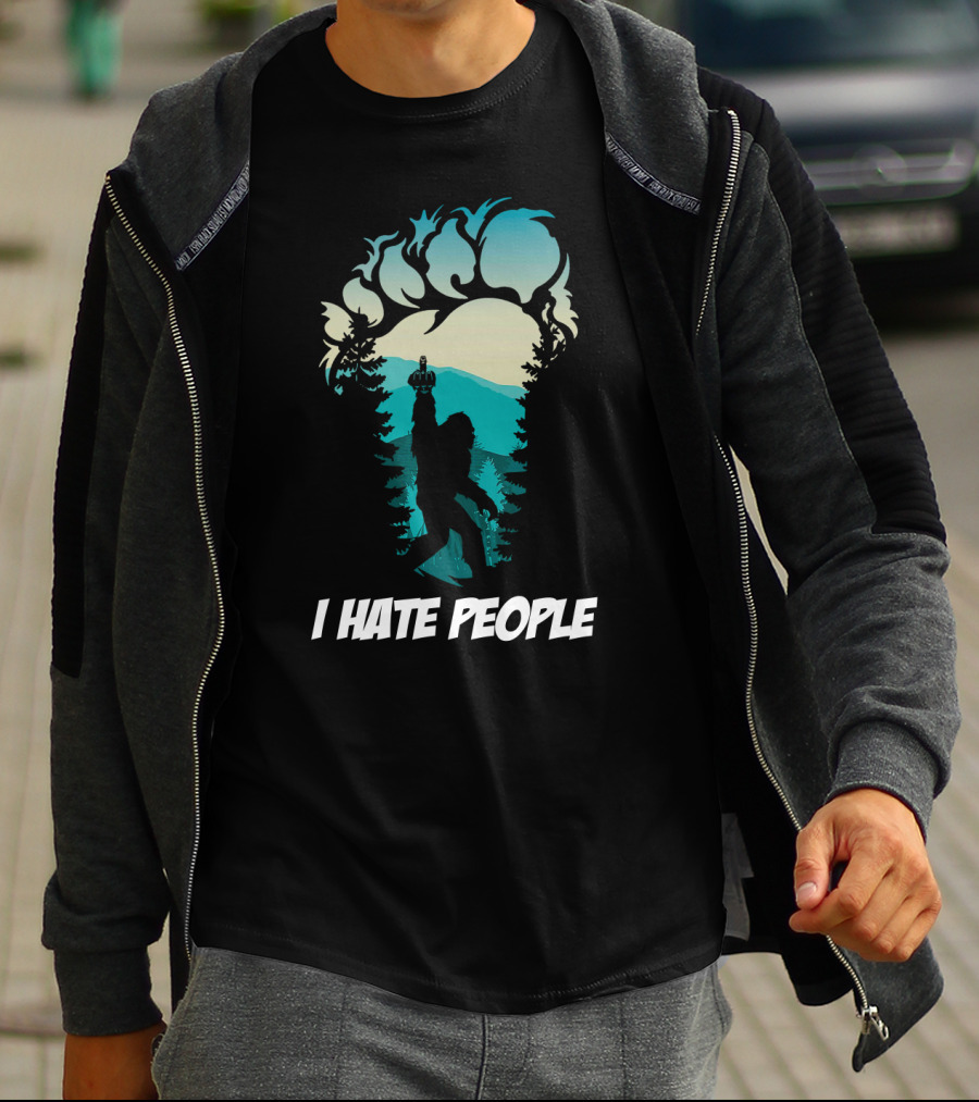 I Hate People Bigfoot Silhouette Footprint Forest Scene T-Shirt