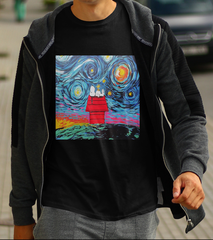 Snoopy And Woodstock On The Doghouse Under A Starry Night T-Shirt