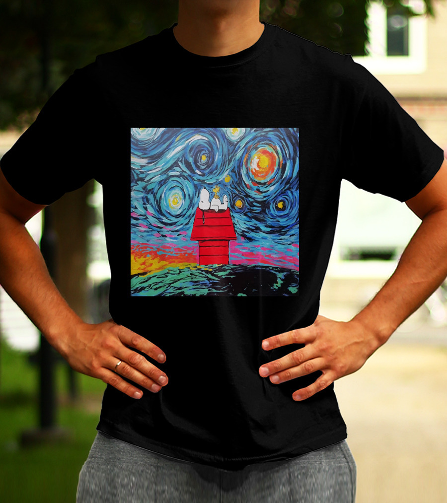 Snoopy And Woodstock On The Doghouse Under A Starry Night T-Shirt