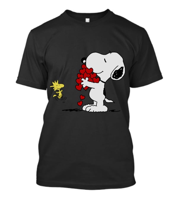 Snoopy Holding Hearts With Woodstock Hugging T-Shirt