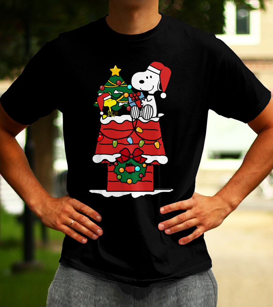 Snoopy And Woodstock Celebrate Christmas On Doghouse With Santa Hats And Tree T-Shirt