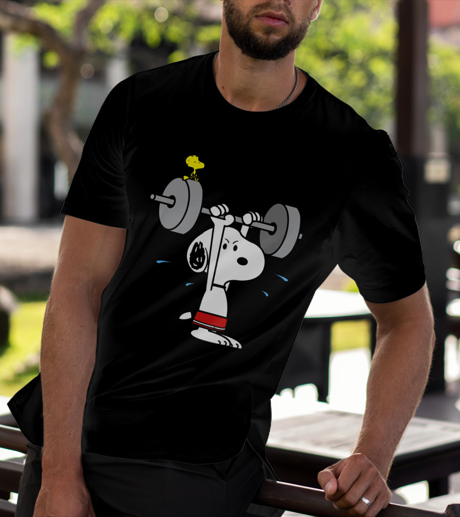 Snoopy Weightlifting With Woodstock On Barbell T-Shirt