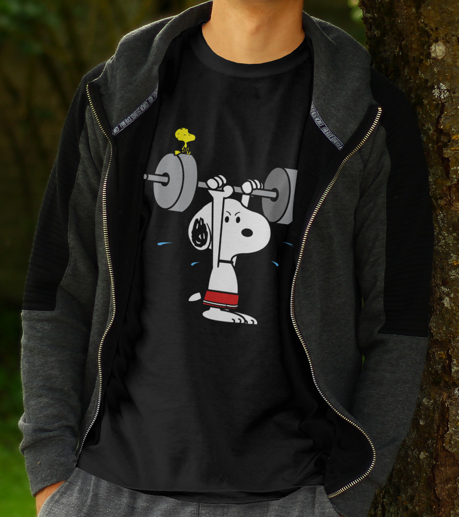 Snoopy Weightlifting With Woodstock On Barbell T-Shirt