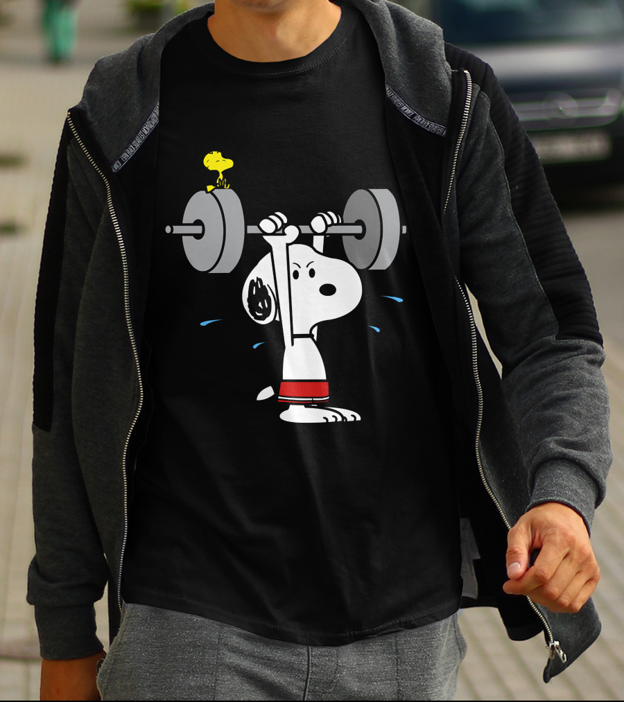 Snoopy Weightlifting With Woodstock On Barbell T-Shirt