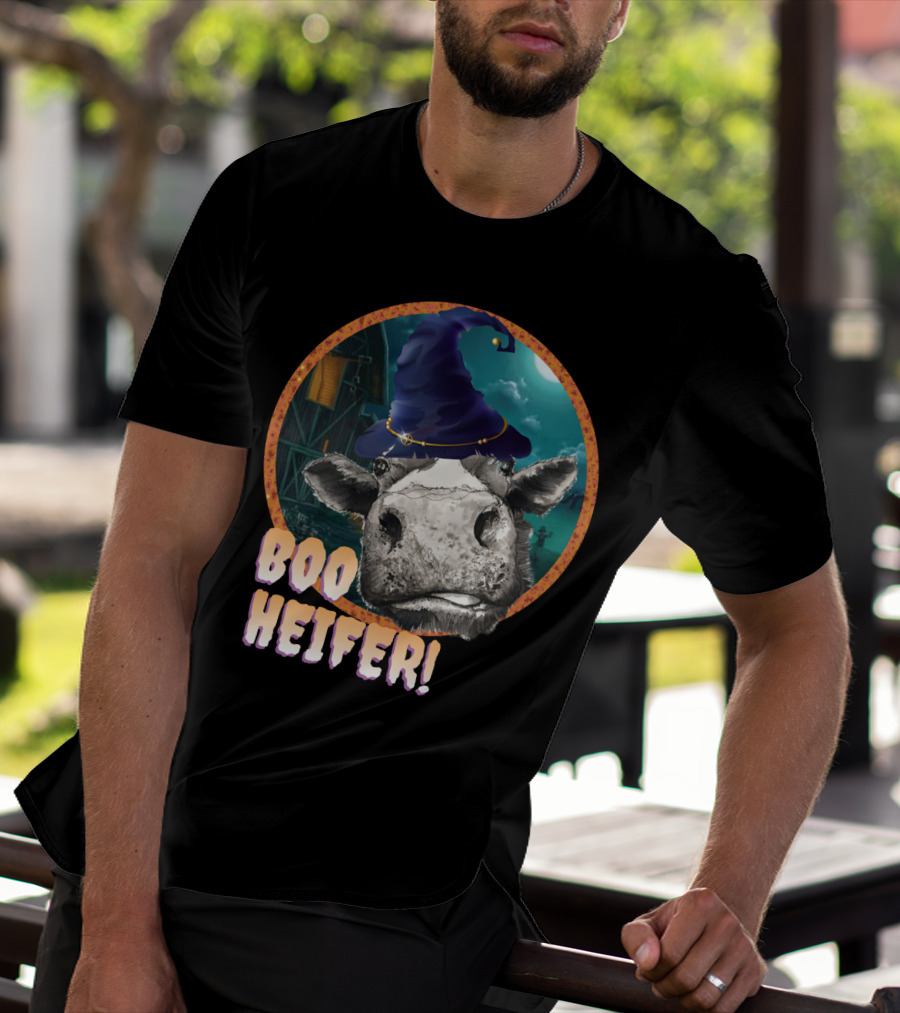 Boo Heifer Funny Halloween Cow Witch Farmer Lady With Hat And Farm Background T-Shirt