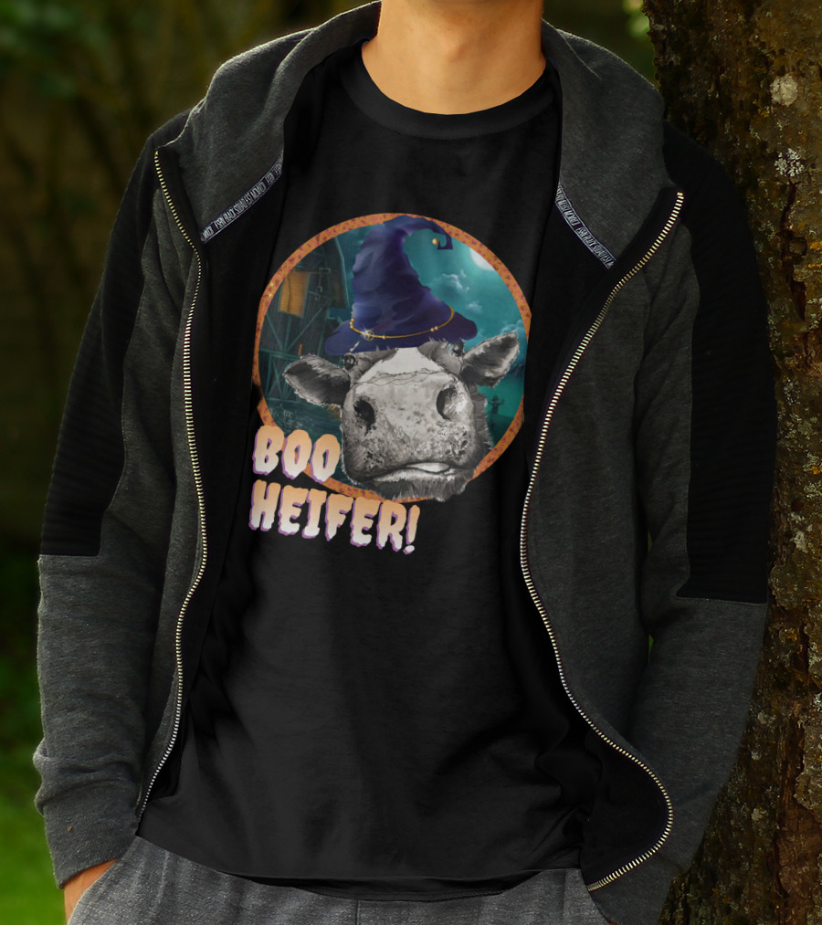 Boo Heifer Funny Halloween Cow Witch Farmer Lady With Hat And Farm Background T-Shirt