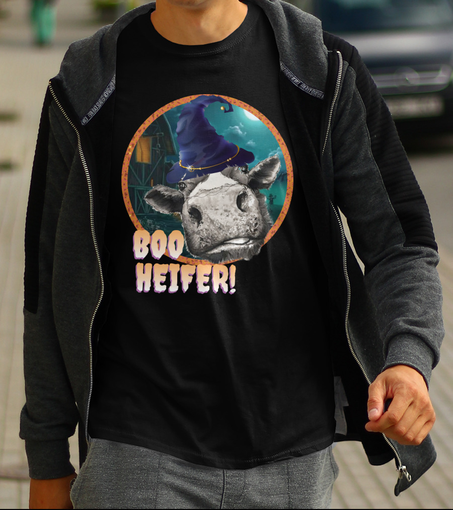 Boo Heifer Funny Halloween Cow Witch Farmer Lady With Hat And Farm Background T-Shirt