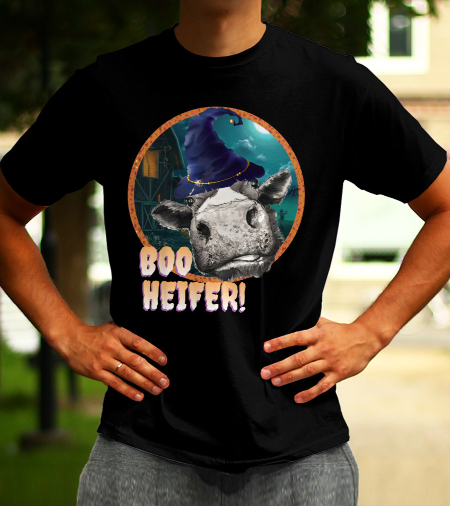 Boo Heifer Funny Halloween Cow Witch Farmer Lady With Hat And Farm Background T-Shirt