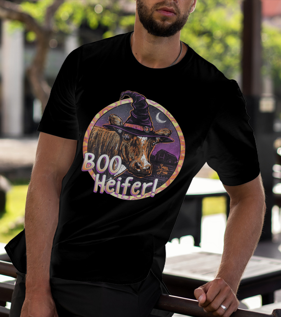 Boo Heifer Funny Halloween Witch Cow With Moon And Barn Scene T-Shirt