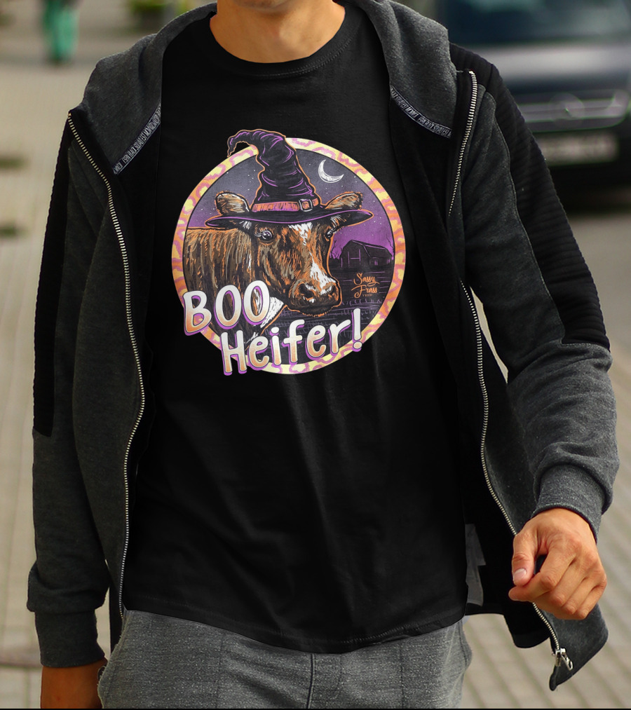 Boo Heifer Funny Halloween Witch Cow With Moon And Barn Scene T-Shirt