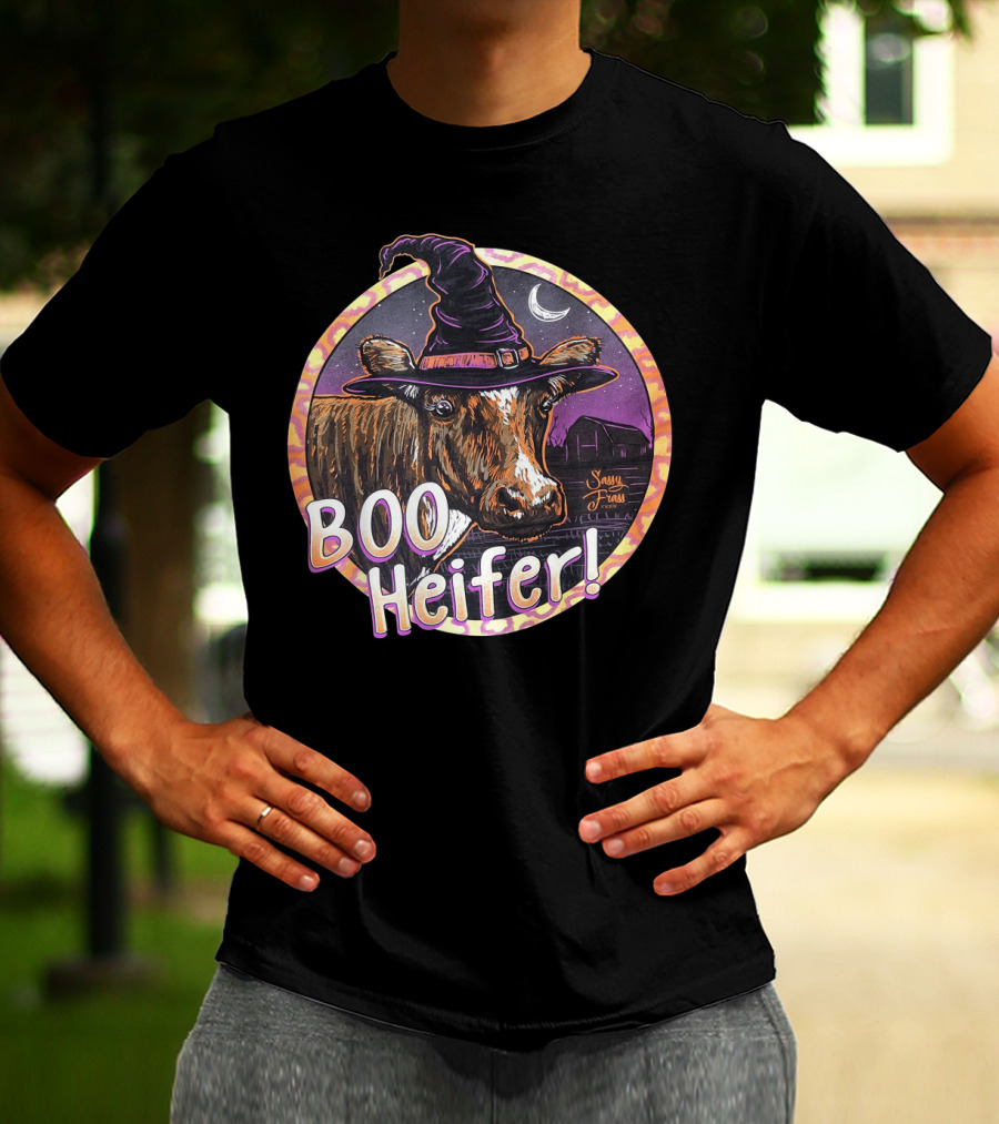 Boo Heifer Funny Halloween Witch Cow With Moon And Barn Scene T-Shirt